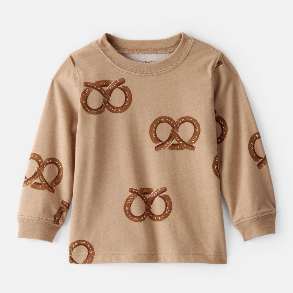 B💲5 💥🆕 Carter's Kids Pretzel Print Tan Long Sleeve Shirt | Size 5T | 6920